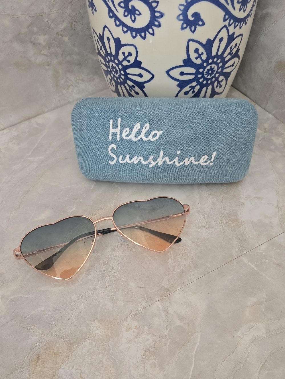 Y2K Festival Rose Gold Heart Sunglasses & Denim Case Set